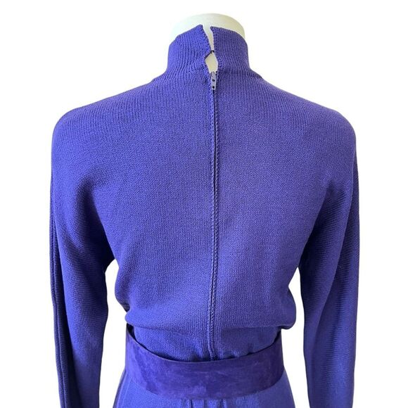 ST JOHN VTG 80S DRESS SANTANA KNIT TULIP PLEATED FRONT BELTED MOCK NECK PURPLE 4 - Picture 8 of 13